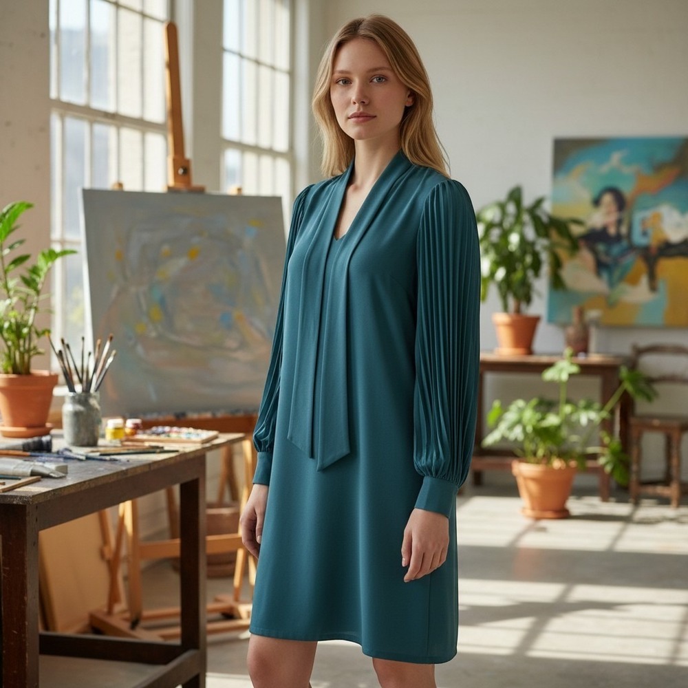 Shelby & Palmer teal tie-neck shift dress sheer accordion pleat light academia 8